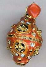 Russian Art Pendant Orange B/G W/ Golden Circle Designs, Ribbon And Crys... - $32.60
