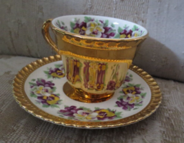 Vintage Pansies Cup and Saucer set Gold Tone Clad Coffee Tea unbranded - $18.49