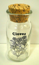Vtg Wheaton Glass Cloves Vtg 70s Botanical Art Clear Glass Spice Jar w/ Cork Top - £15.71 GBP