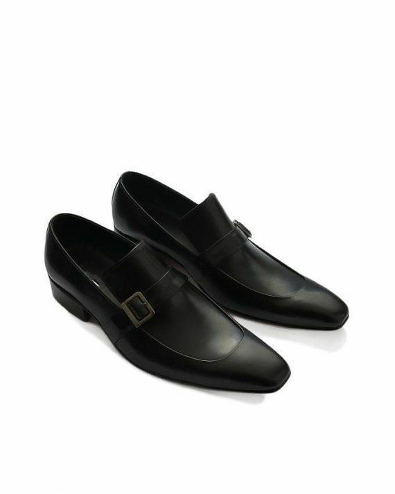 Made To Order Men's Black Monk Single Buckle Strap Genuine Leather Shoes US 7-16