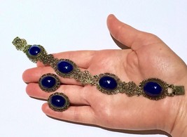European Cannetille Art Nouveau Bezel set Lapis Lazuli 800 Silver Bracelet - $308.75