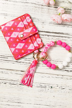 Rose Red Valentine Fashion PU Card Bag Key Chain with Silicone Bracelet - $148.47 MXN