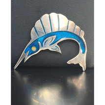 VINTAGE TAXCO 925 GUILLOCHE ENAMEL STERLING SILVER SWORFISH BROOCH SKY - $77.22