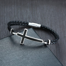 Men Casual Sideways Cross Charm Black Braided Leather Rope Bracelets Bangles Mal - £11.49 GBP