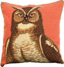 Throw Pillow Needlepoint Great Horned Owl 18x18 Down Insert Wool Cotton Velvet - £283.91 GBP