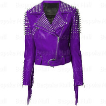 New Women&#39;s Purple Classical Leather Jacket Spiked Silver Studded &amp; Fringe-784 - £258.42 GBP