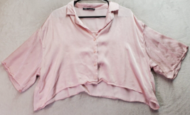 Zara Cropped Top Women Medium Pink Shiny Viscose Short Sleeve Collar Button Down - £12.53 GBP