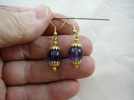 (EE-474-6) one bead Purple amethyst crystal gem dangle hook earrings gold - £12.65 GBP