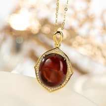 S925 Silver Gold Plated Natural Red Amber Jewelry Sets Pendant Ring Earrings Geo - £56.40 GBP