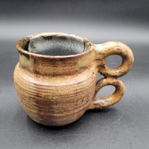 Signed Studio Art Piece 2 Looped Handled Clay Pottery Mug Brown Blue Gray Glaze - £7.39 GBP