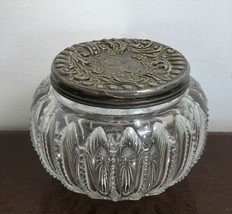 Antique Cut Glass Crystal Sterling Silver Repousse Cosmetic Powder Vanity Jar - £105.27 GBP