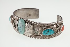 Vintage Kenny Jack Navajo Turquoise &amp; Coral Sterling Silver Cuff Bracelet 45.2g - £396.88 GBP