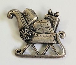 Vintage Pewter Sleigh with Gifts Brooch Pin  1 x 1 1/4 Inches - $5.00