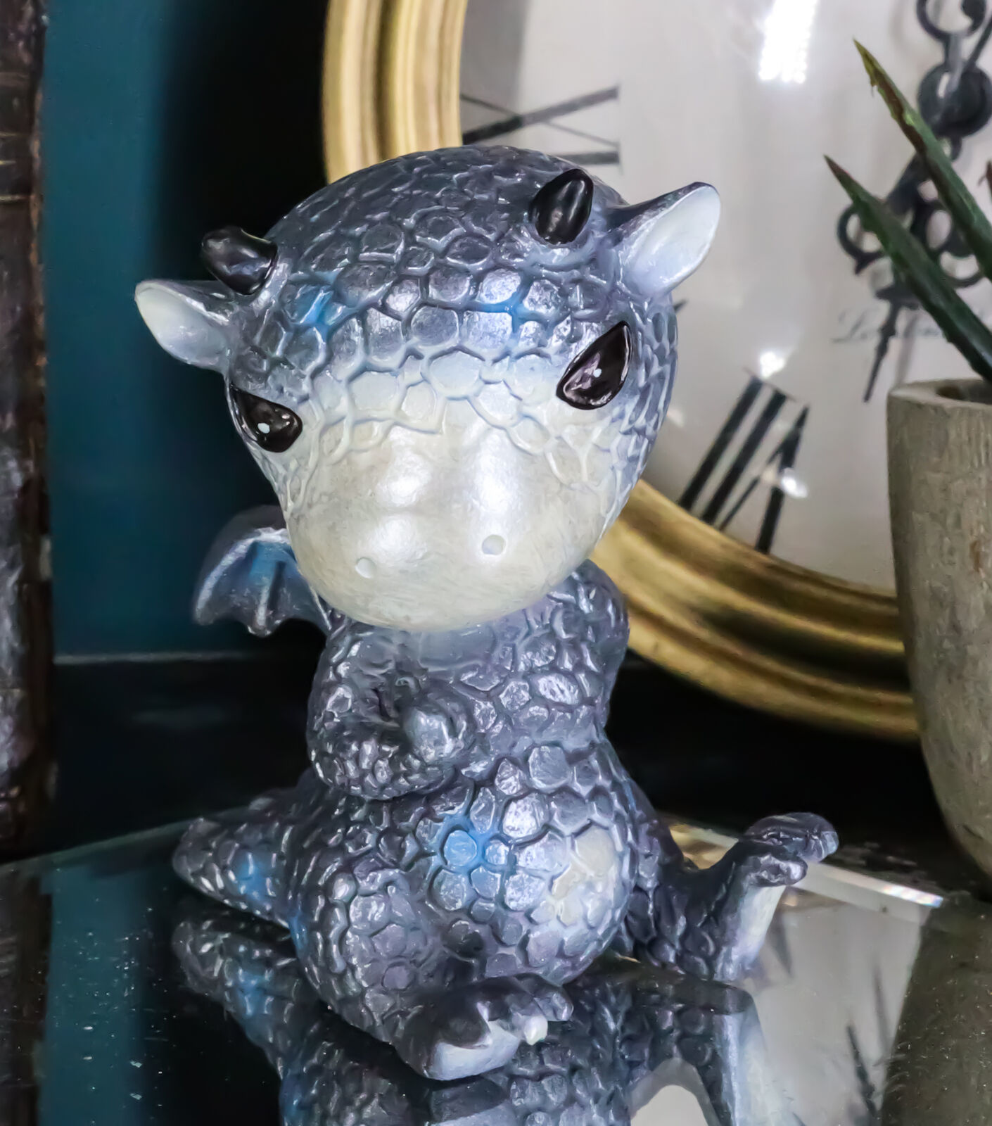 Whimsical Onyx Sulky Wyrmling Baby Hatchling Dragon With Blue Spots Figu... - $17.49