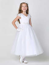 Girls White First Communion Dress w/ Satin Bodice &amp; Lace Cap Sleeves (715) - $182.08