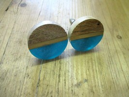 2 WOOD KNOBS ROUND DRAWER PULLS HANDLE KITCHEN BATHROOM MID CENTURY TURQ... - £6.76 GBP