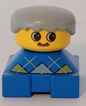 Lego Duplo Figure Male Sweater Moustash Light Gray Hair Square Base Vintage - $10.84