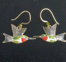 Sterling Silver Cloisonne Enamel Ruby Throated Hummingbird Earrings Steve King - $18.66