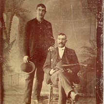 1800s FerroTintype Handsome Men Suits Holding Derby Bowler Hat Studio Portrait - £23.14 GBP