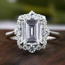 Halo Engagement Ring 2.75Ct Emerald Cut Diamond Solid 14k White Gold in Size 8.5 - £200.15 GBP