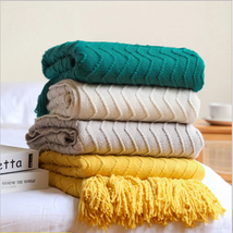 Solid Color Striped Knitted Blanket Throw Thicken Tassel Sofa Cover Home... - $37.95+