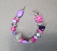 Southwestern Purple &amp; Hot Pink Bling Beaded Bracelet Silver-tone Fashion... - £9.55 GBP