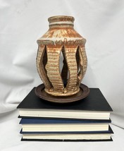 Studio Art Pottery Stoneware Hurricane Taper Candle Holder Tan Wavy Signed - £20.48 GBP