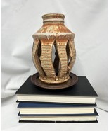 Studio Art Pottery Stoneware Hurricane Taper Candle Holder Tan Wavy Signed - $497.04 MXN