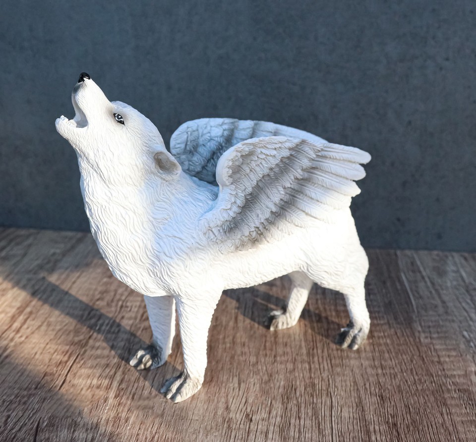 Snow Angel Wings Native Tribal Howling Wolf Totem Spirit Figurine Collec... - $25.99