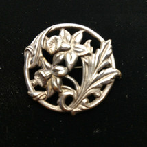 1930s Art Nouveau 2&quot; Round Brooch Lily &amp; Leaf Pattern Unmarked Unpolished - $29.40