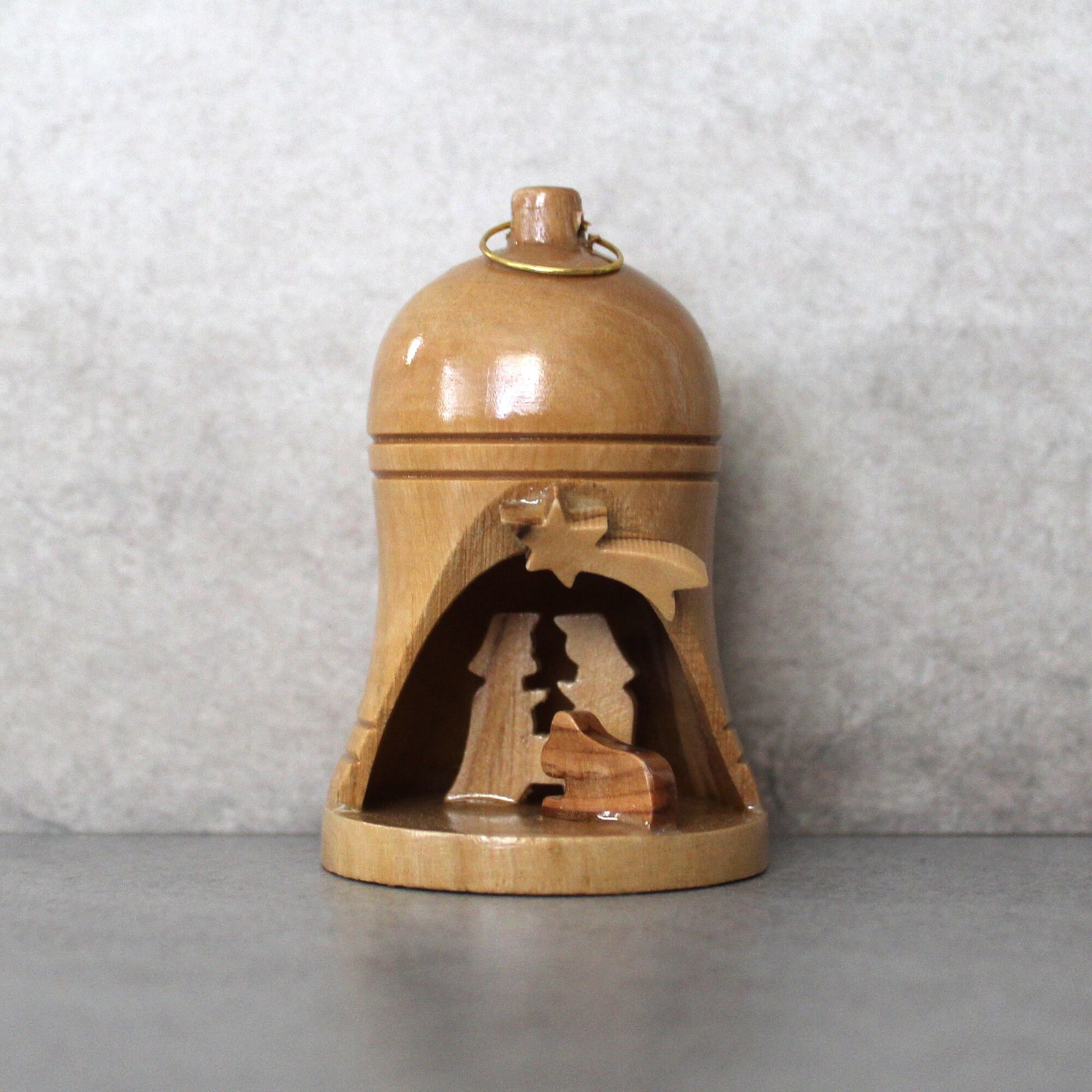 Primary image for Small Handmade Olive Wood Bell Nativity Holy Family, Christmas Bell Ornament, Ma