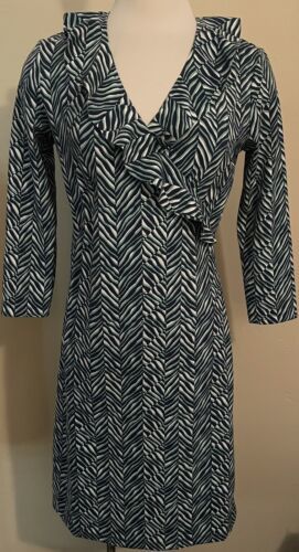 Primary image for J McLaughlin Navy Green White Print Long Sleeve Faux Wrap Dress Size XS