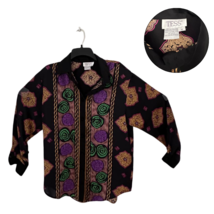 TESS Vintage Blouse M Black Bold Baroque Print Button Up Shirt - $14.85