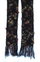 Curly Mohair Wool Art Scarf Pink and Gold on Black Handmade Knit with Fringe 74&quot; - £37.35 GBP