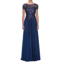 La Femme Womens Gown Dress Blue Lined Maxi Zip Short Sleeve Sequin Modest 6 New - £108.08 GBP