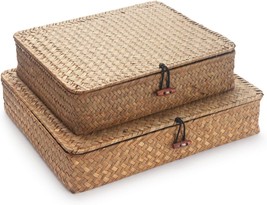 Set Of 2 (Small Large) Flat Seagrass Storage Bins With Lids, Wicker Basket For - £29.07 GBP