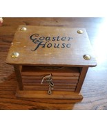 Vtg Wood Cork Drink Coasters Set of 6  Wooden Storage Box 5¼&quot; x 3¾&quot; - $9.49