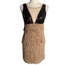 Vintage Y2K BCBG Pleated Mini Dress XS Tan Sequin Mesh Top Lined Zip Layered - £33.11 GBP