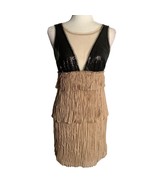 Vintage Y2K BCBG Pleated Mini Dress XS Tan Sequin Mesh Top Lined Zip Layered - $41.87