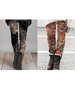 2 Pair Boho Women Girl Stretch Leggings Size Large Gold Black Leaves - $314.15 MXN