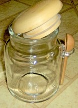 GLASS JAR 12 oz rOund &amp; Clear w/ Wooden Spoon &amp; Top Storage container ca... - $22.51
