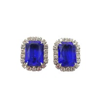 Large Silver Tone Blue Clear Rhinestone Clip Earrings Vintage 1&quot; - $44.54