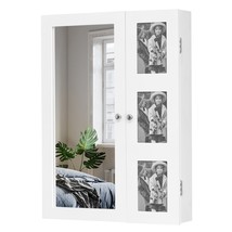 Mirror Cabinet Jewelry Storage W/ Photo Frame Wooden Wall Mounted White - £48.46 GBP
