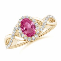 ANGARA Oval Pink Sapphire Crossover Ring with Diamond Halo for Women in 14K Gold - £2,247.51 GBP