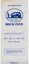 Original David&#39;s Brick Oven Wood Fired Pizza Menu Red River Rd Austin Texas 1983 - £15.07 GBP