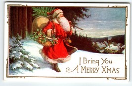 Santa Claus Christmas Postcard Saint Nick Walking In Snow With X-mas Tree Toys - £11.96 GBP