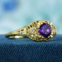 Natural Amethyst and Diamond Vintage Style Filigree Ring in Solid 9K Yellow Gold - £435.57 GBP