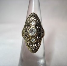 Vintage Sterling Silver Gold Vermeil Ladies Filigree Rhinestone Signed Ring K694 - £38.77 GBP