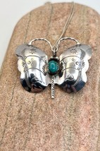 Vintage Navajo Handmade Sterling Silver Turquoise Butterfly Pendant Pin Necklace - £119.89 GBP