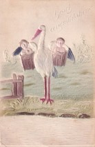 Hearty Congratulations Stork With Two Babies Embossed Postcard C14 - £2.34 GBP